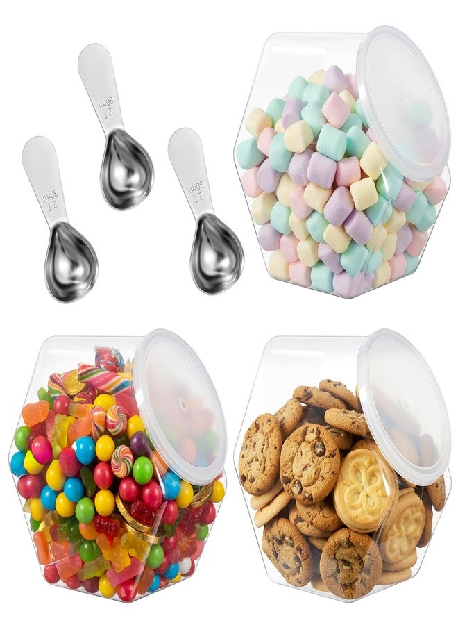 Exclaith 3 Pcs Plastic Candy Jars, 72oz Clear Cookie Jar with Lid, with 3 30ML Stainless Steel Kitchen Scoops, Hexagon Clear Candy Container Cookie Jars for Kitchen Counter Decorative - Image 1